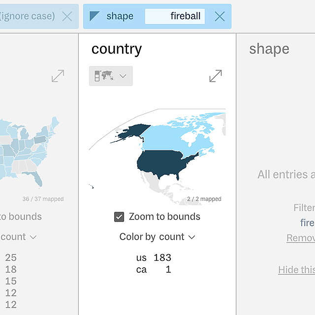 A zoomed-in choropleth world map of North America after filtering down to fireball shapes