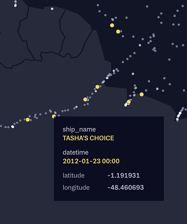 Hovering on a dot on the map to see a tooltip listing the name of the ship, the timestamp of the record, and other stats