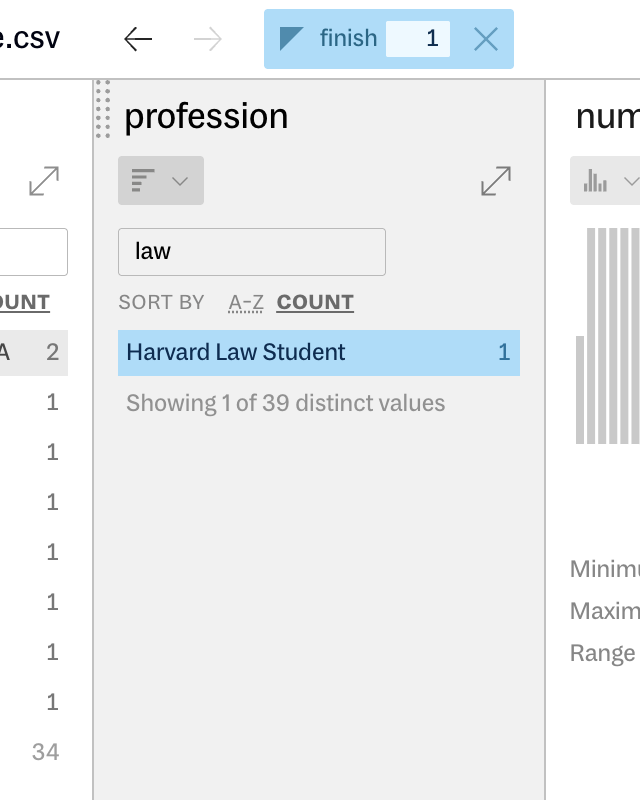 Bar chart of professions, filtered down to winners, and searching for professions including 'law'